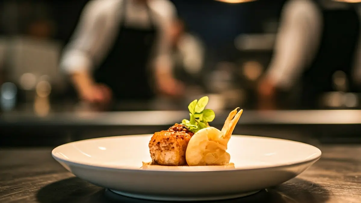 Imatge genèrica d'un plat de cuina d'alta gastronomia sent preparat en una cuina professional.