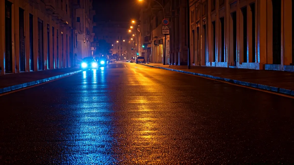 Generic image of emergency lights reflecting on wet asphalt at night, indicating a weather warning.