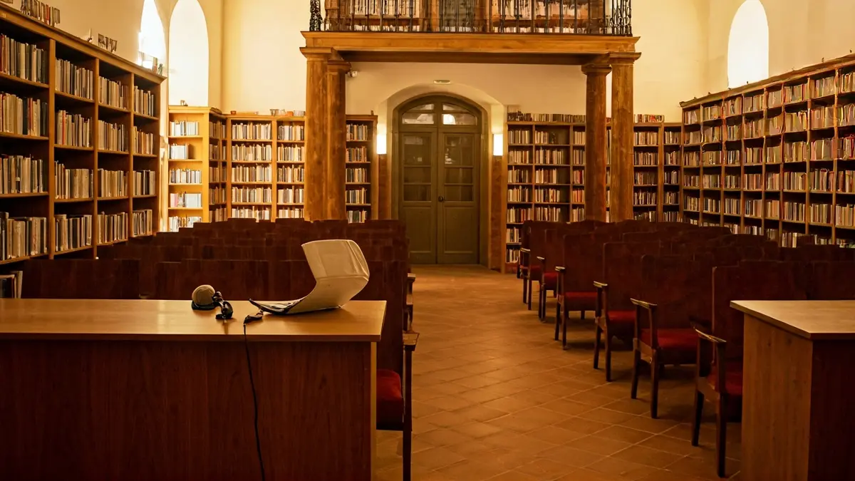 Generic image of a library interior with wooden bookshelves and a podium with a microphone, with warm lighting.