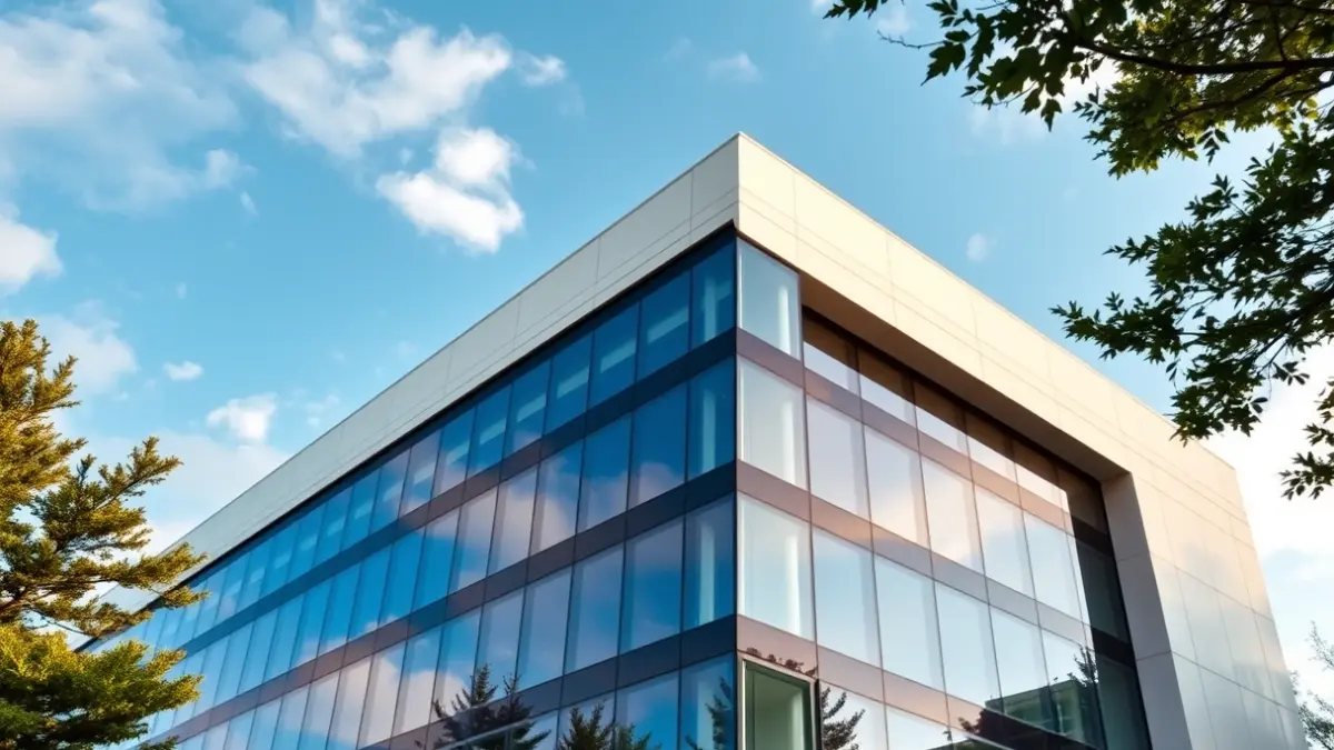 Imatge genèrica d'un edifici d'oficines modern en una ciutat mediterrània, amb reflexos del cel blau.