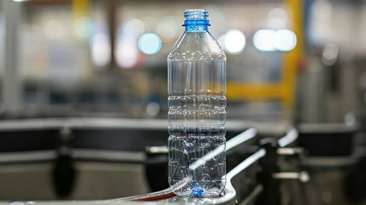 Imagen genérica de una botella de plástico en una fábrica, con maquinaria desenfocada al fondo.