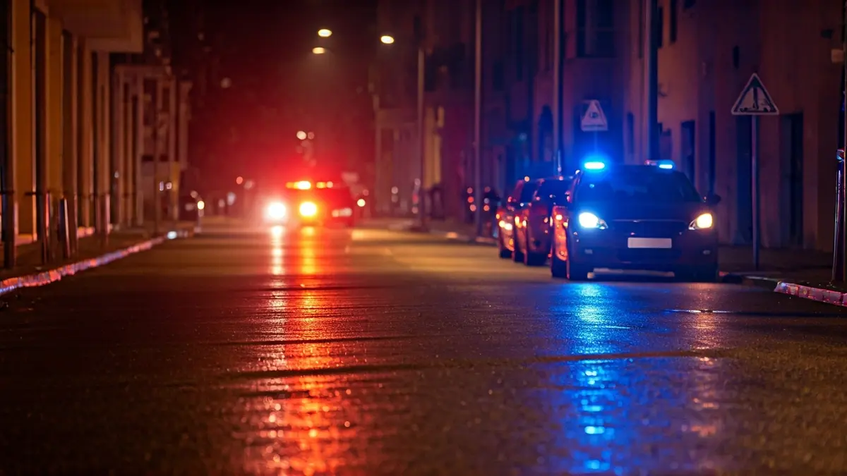 Imagen genérica de luces de emergencia reflejándose sobre asfalto mojado de noche.
