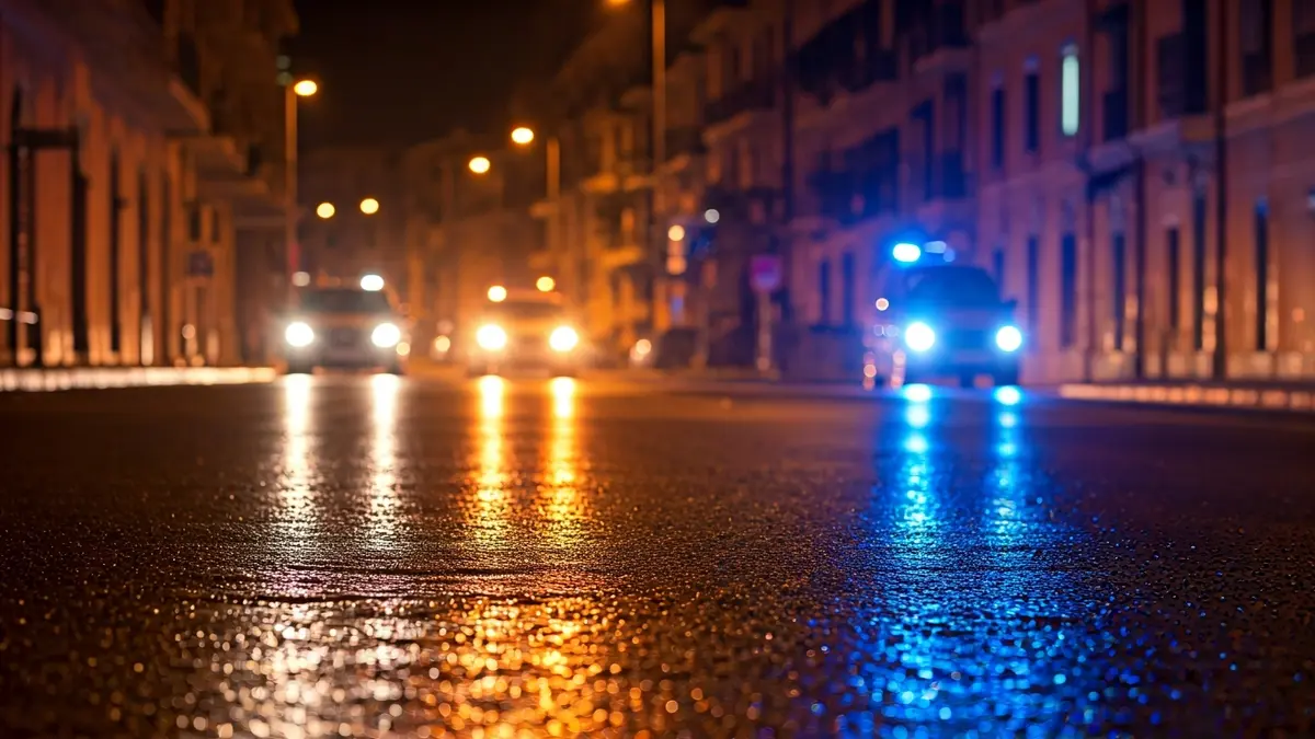 Imatge genèrica de llums d'emergència reflectint-se sobre l'asfalt mullat de nit.