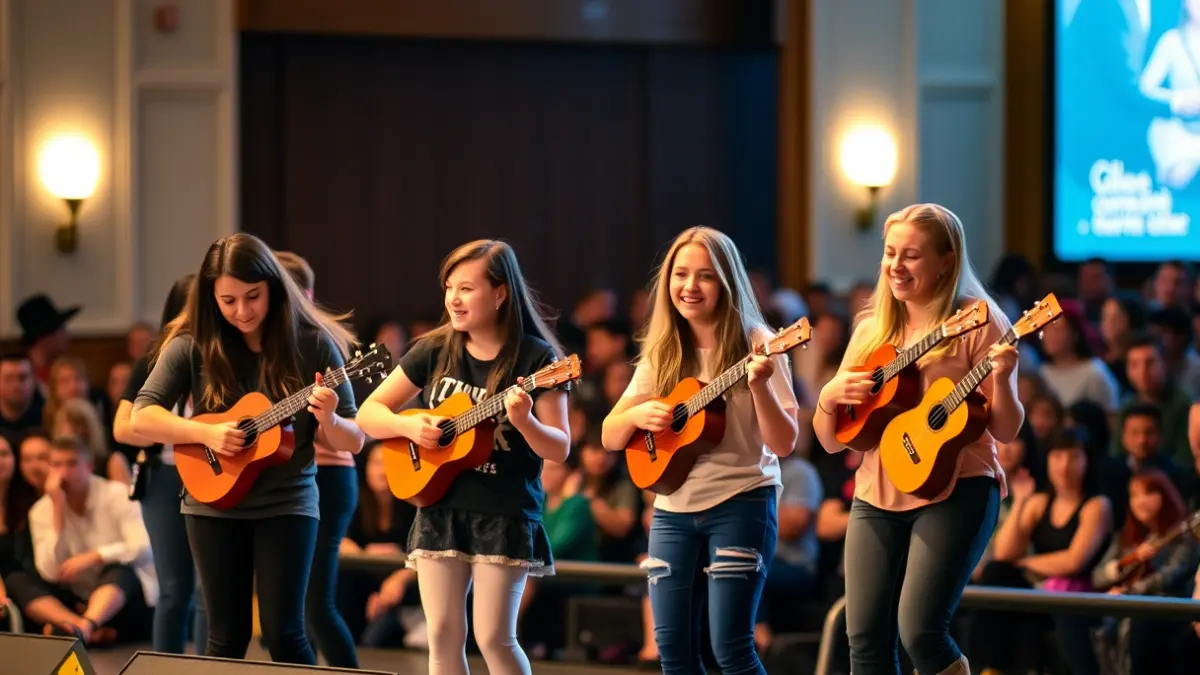 Joves tocant ukeleles i fent percussió corporal en un escenari, amb el públic difuminat al fons.