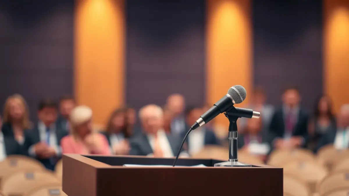 Imatge genèrica d'un micròfon en un faristol, amb figures borroses de persones al fons, suggerint un debat o discussió.