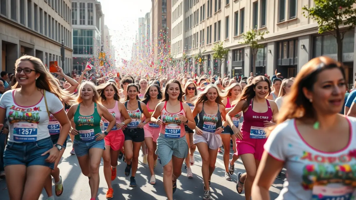 Imatge genèrica d'una multitud de dones participant en una carrera festiva en un carrer de ciutat, amb confeti en l'aire.