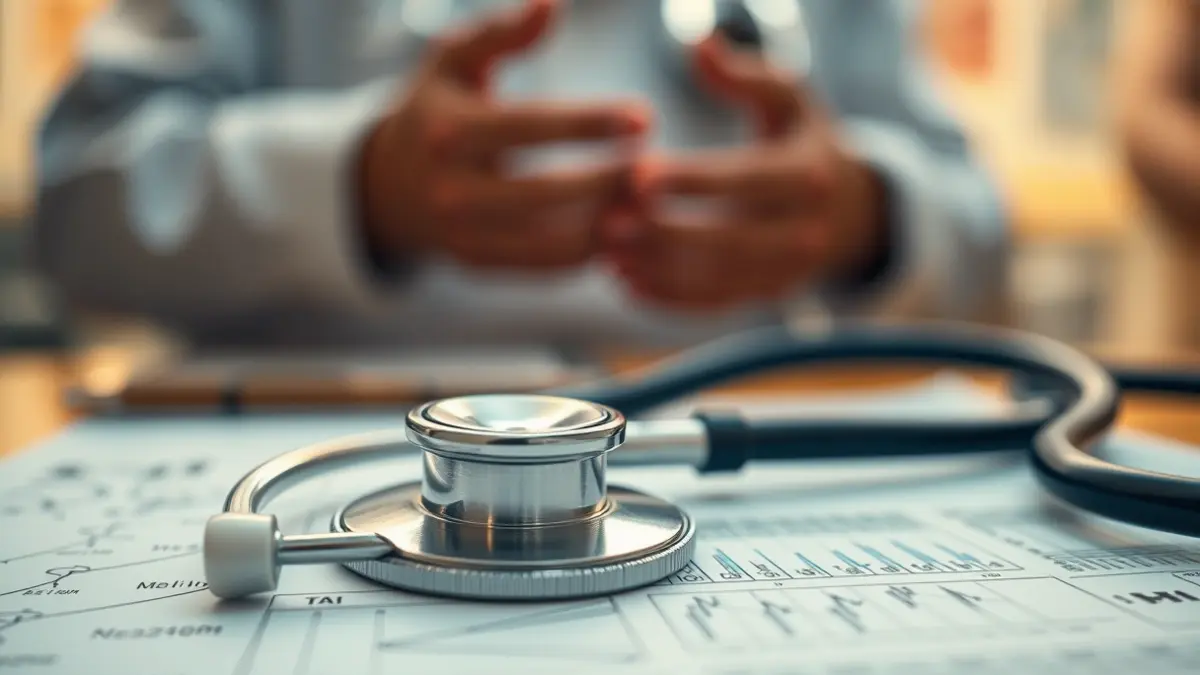 Imatge genèrica d'un estetoscopi sobre un historial mèdic, amb mans borroses al fons.