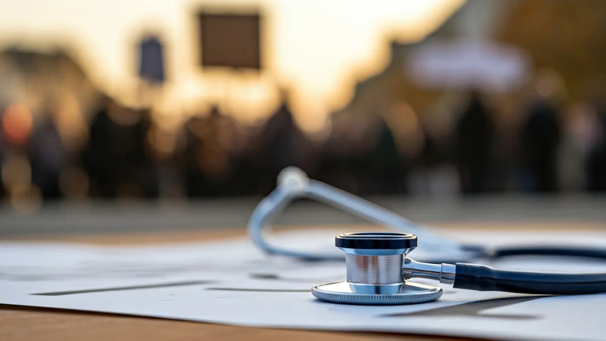 Generic image of a stethoscope on a blurred background of a medical protest.