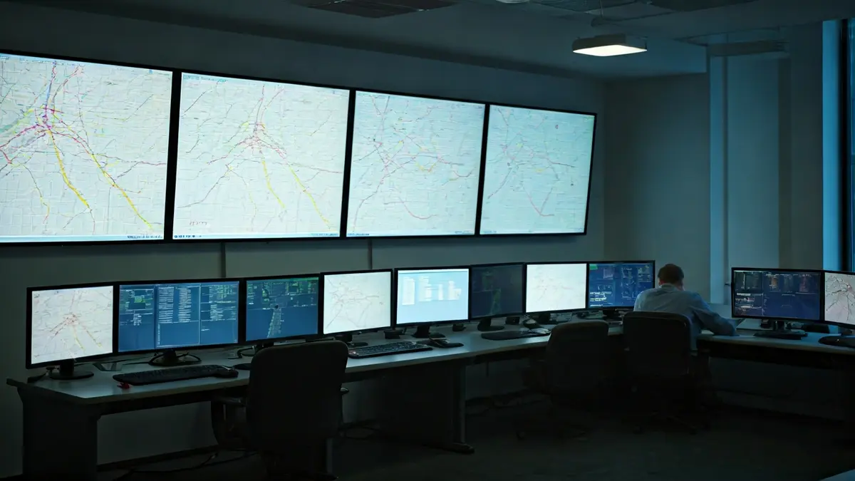 Imatge d'un centre de control modern amb pantalles que mostren mapes de la xarxa ferroviària.