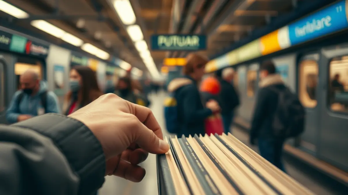 Generic image of a person taking a book from a stand in a metro station, promoting reading on public transport.