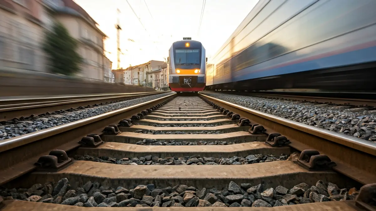 Imatge genèrica de vies de tren amb un tren en la distància.