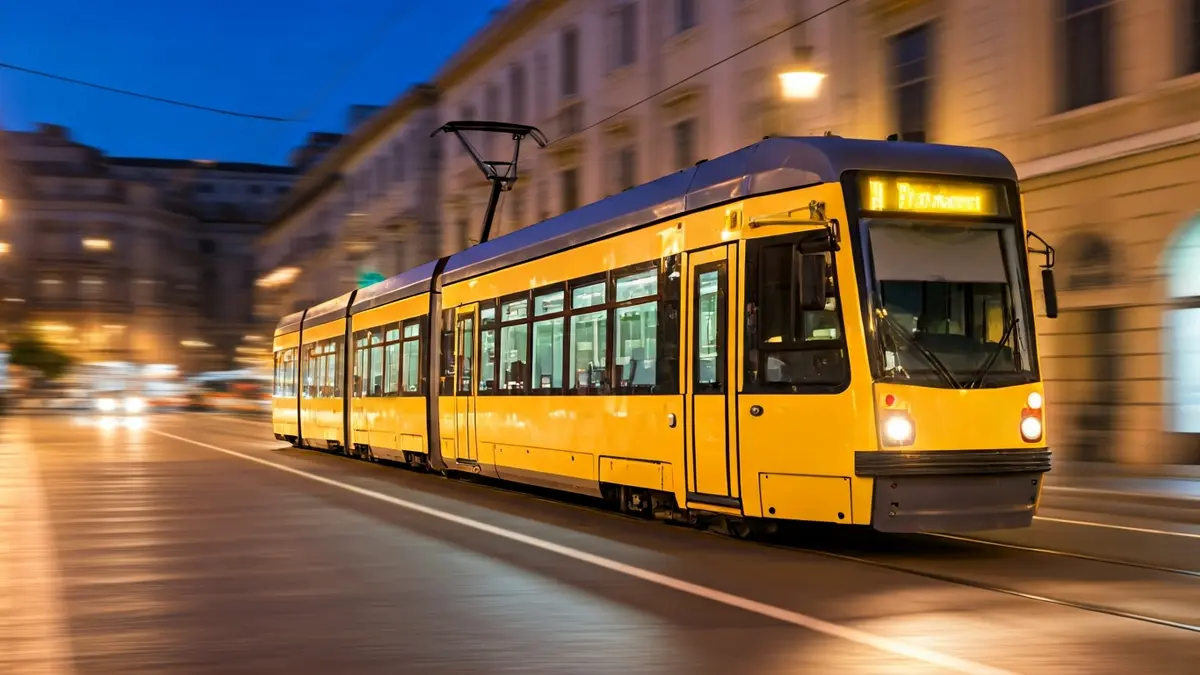 Imagen genérica de un tranvía moderno en una ciudad mediterránea al anochecer, con luces borrosas de fondo.
