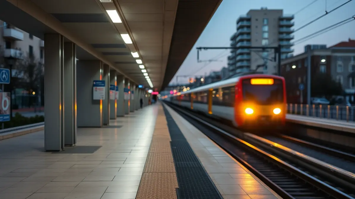 Imatge genèrica d'una estació de metro buida amb llums de tren borroses.