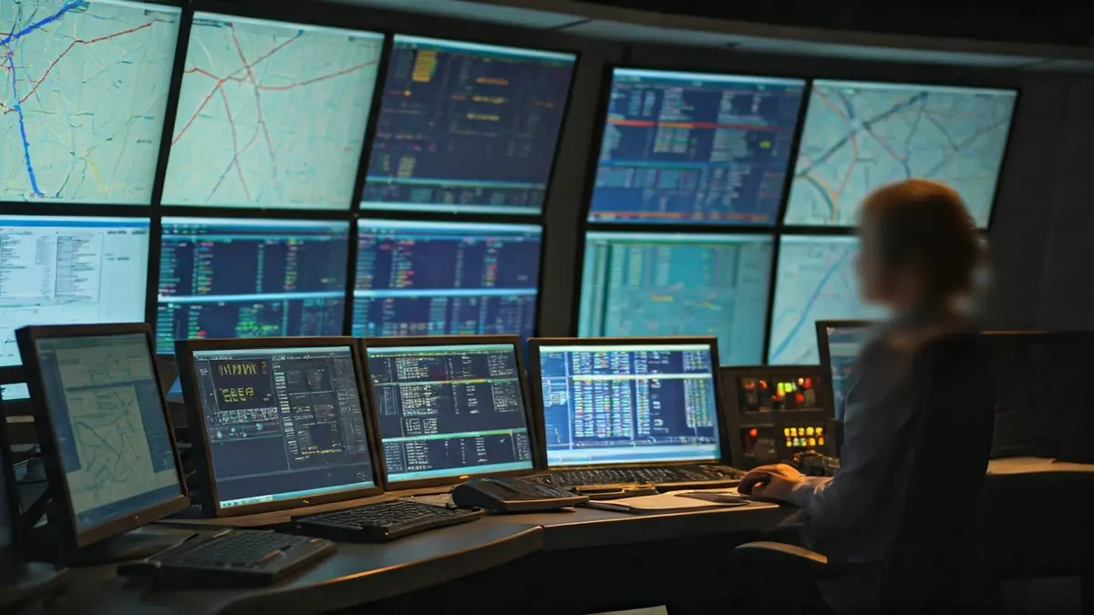 Image of a modern control center with screens displaying railway network maps.