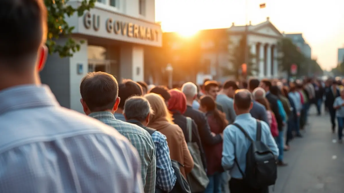 Imagen genérica de una cola de personas esperando en el exterior de un edificio público al amanecer.