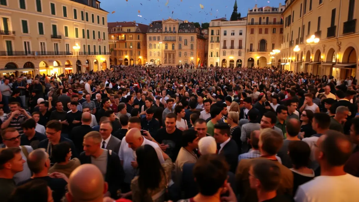 Imatge genèrica d'una multitud en una manifestació en una plaça urbana, amb confeti i llums de carrer.
