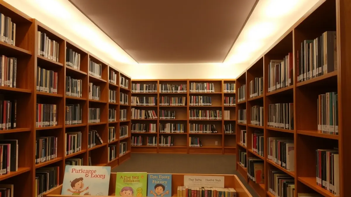 Generic image of a library with wooden bookshelves and warm lighting, focused on children's books.