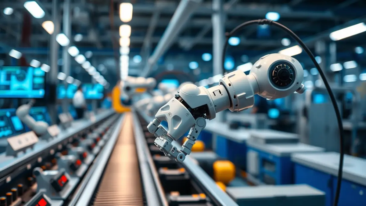 Imatge genèrica d'un braç robòtic en una línia de producció industrial, amb pantalles digitals al fons.