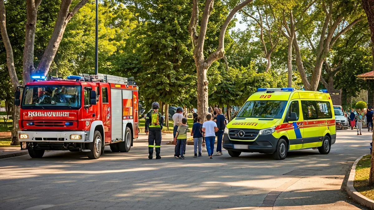 Imatge d'emergència amb vehicles de bombers, ambulància i policia en un parc, amb famílies i xiquets interactuant amb els professionals.