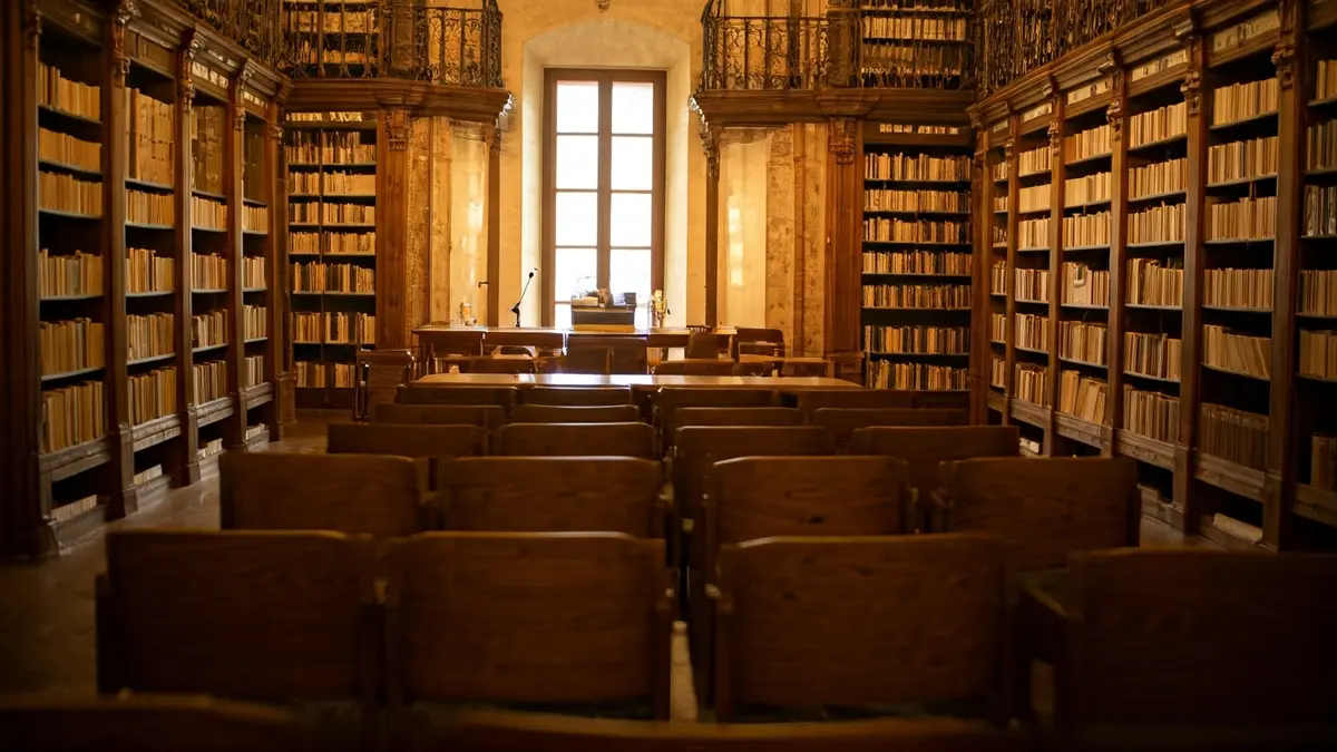 Generic image of a book presentation room with a podium and empty chairs.