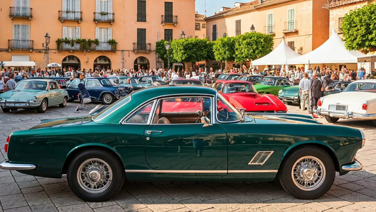 Imagen de una concentración de vehículos clásicos en una plaza mediterránea, con coches antiguos aparcados y gente al fondo.