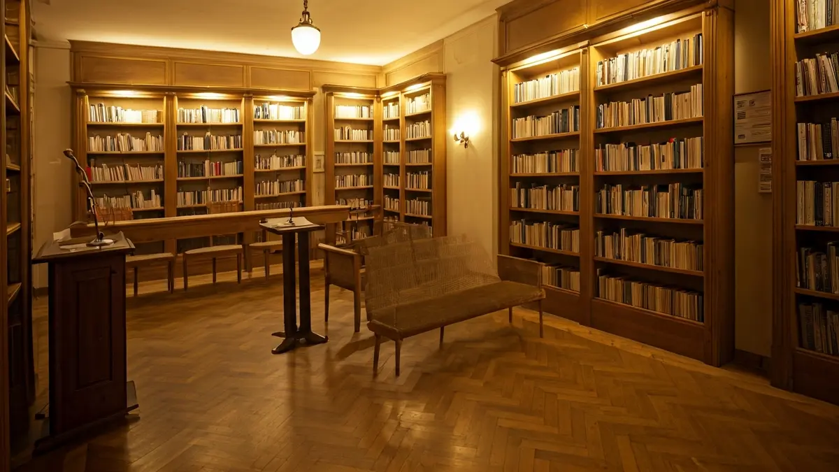 Imagen genérica de un interior de biblioteca con estanterías de madera y un micrófono en un podio.