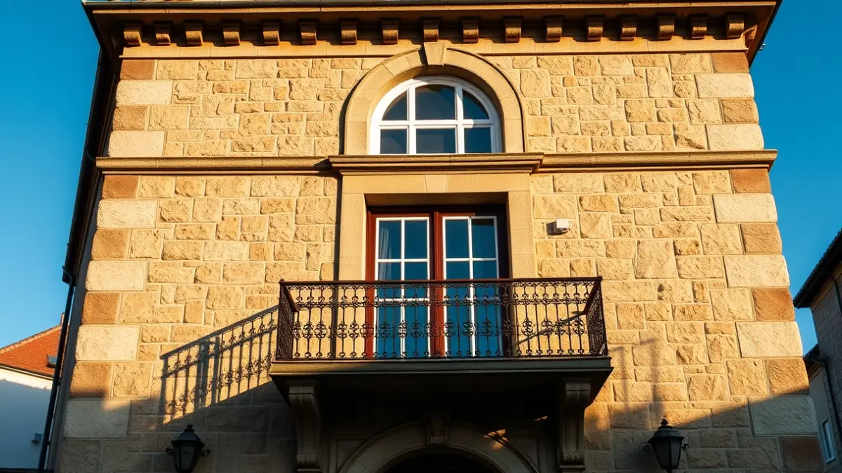 Facade of Moncada town hall with wrought iron balconies and sunlight.