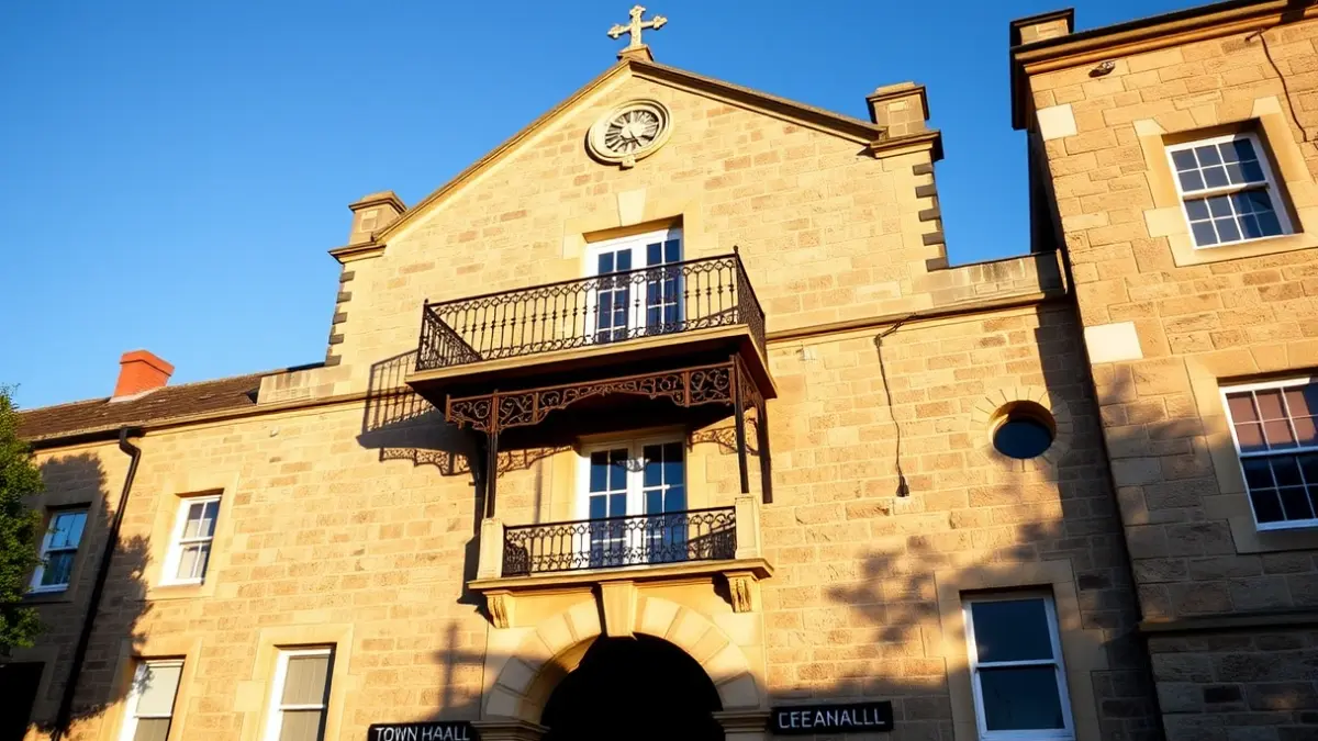Façana d'un ajuntament de pedra amb balcó ornamentat, banyada per la llum del sol de la vesprada.