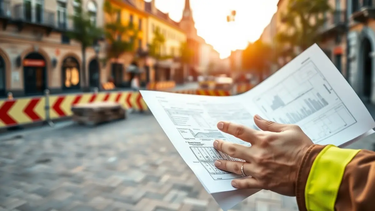 Image of a worker's hands holding a blueprint, with a renovated square in the background.
