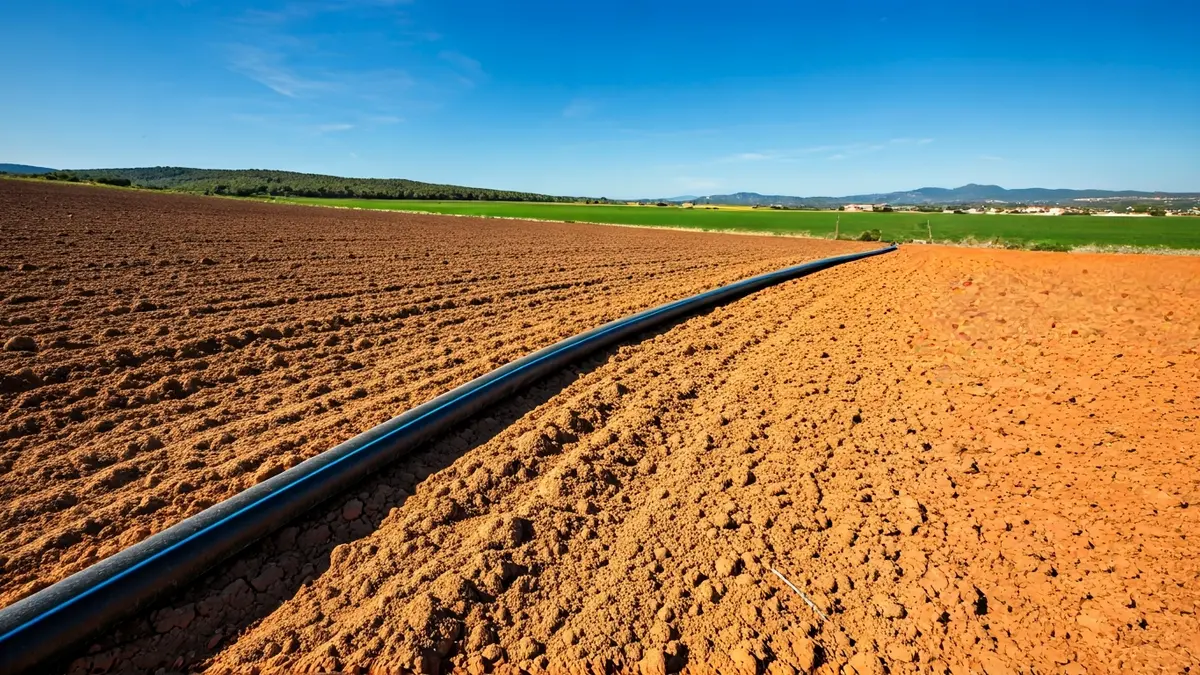 Generic image of irrigation pipes in a field, symbolizing water infrastructure.