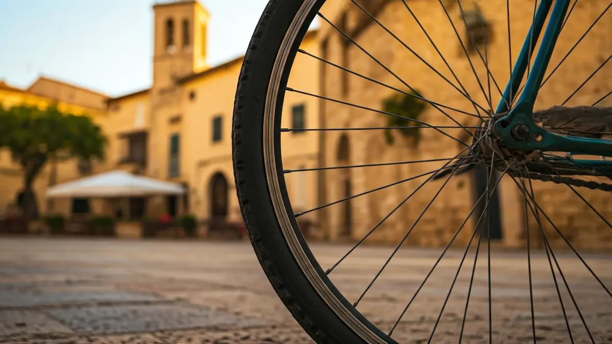 Image of a bicycle with a blurred urban background, representing a cycling race.