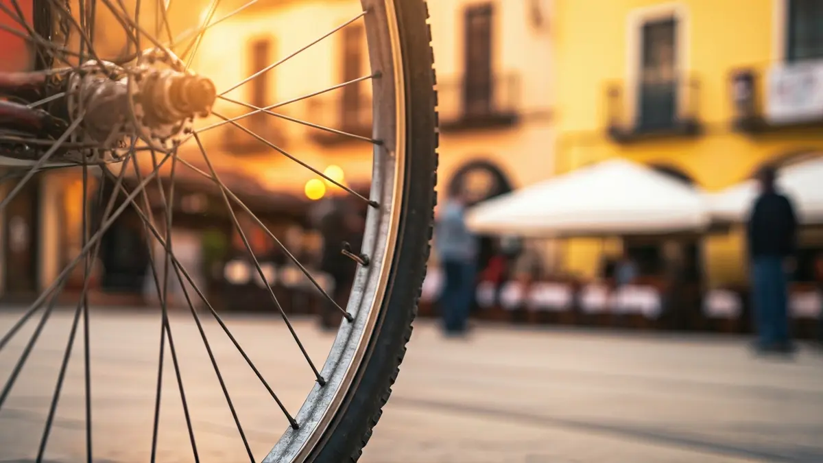 Image of a bicycle wheel in a Mediterranean urban setting.