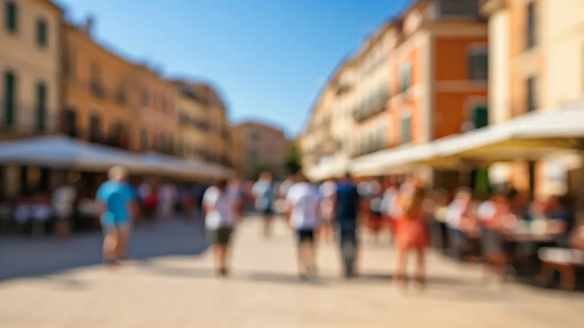 Imatge d'una plaça mediterrània amb terrasses plenes i gent gaudint de l'ambient festiu.