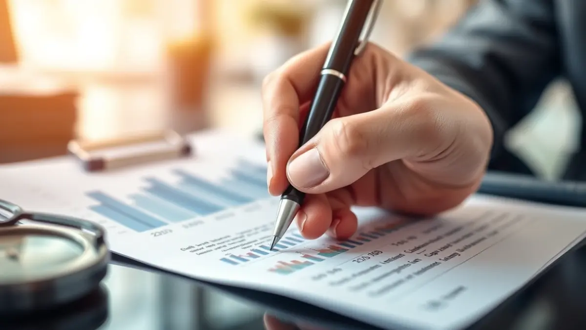 Imatge genèrica d'una mà amb un bolígraf sobre un informe financer, simbolitzant la gestió econòmica.