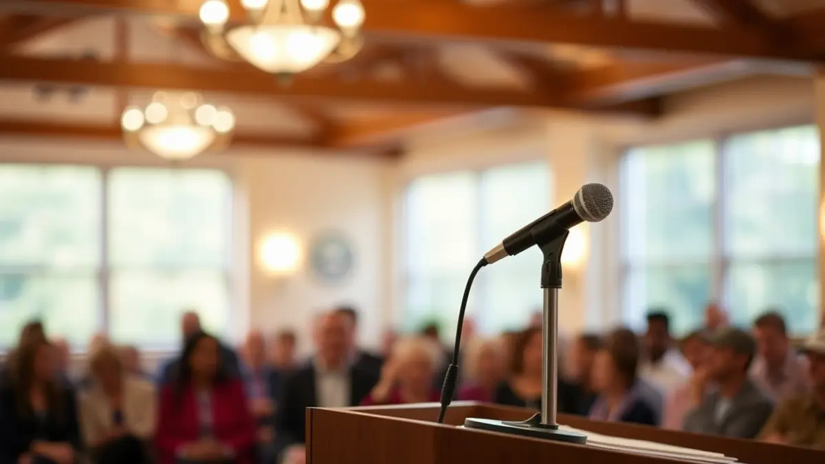 Generic image of a microphone on a podium during a political event in a neighborhood.