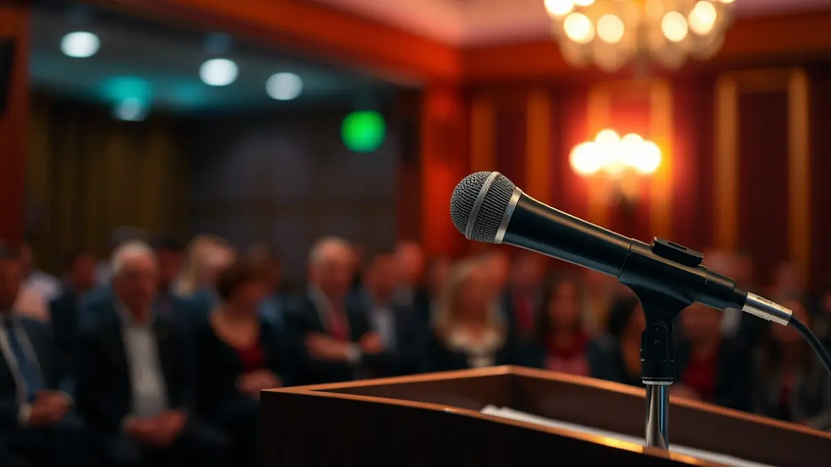 Imatge genèrica d'un micròfon en un faristol, amb figures borroses de persones al fons, suggerint una conferència o acte públic.