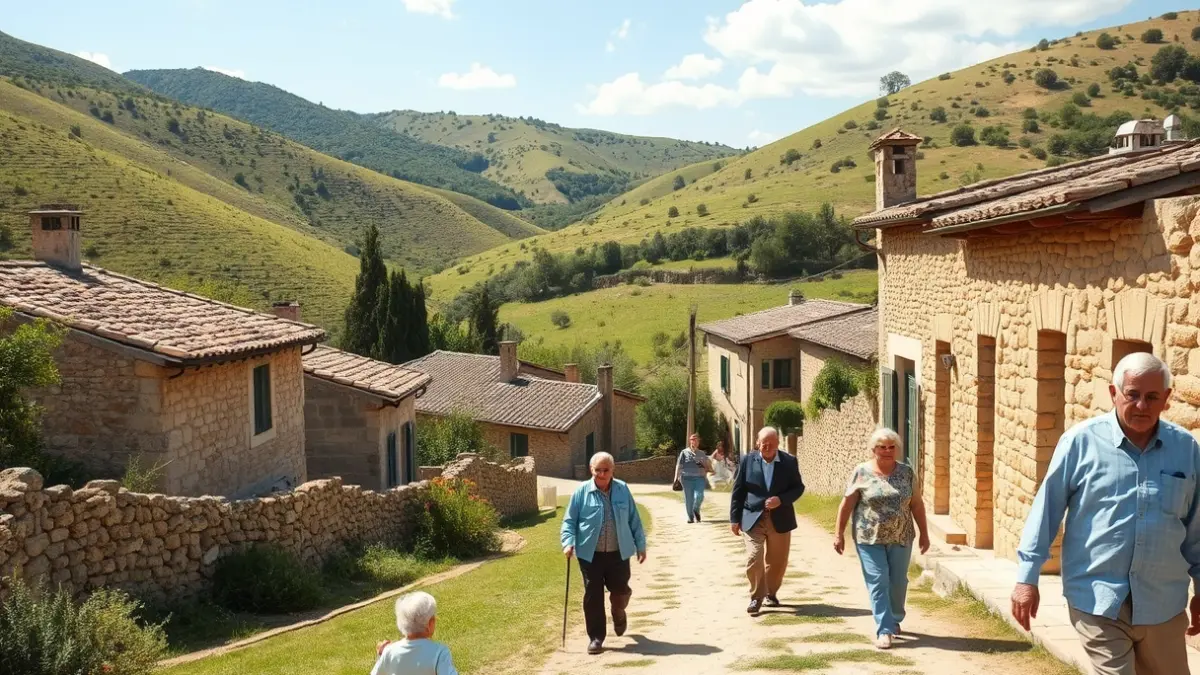 Image of a Valencian rural village with stone houses and elderly people, symbolizing active aging and community support.