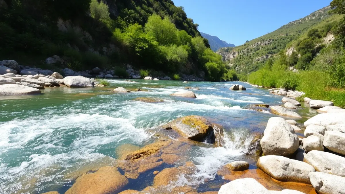Generic image of an inland river with clear water and lush vegetation, representing a sustainable natural environment.