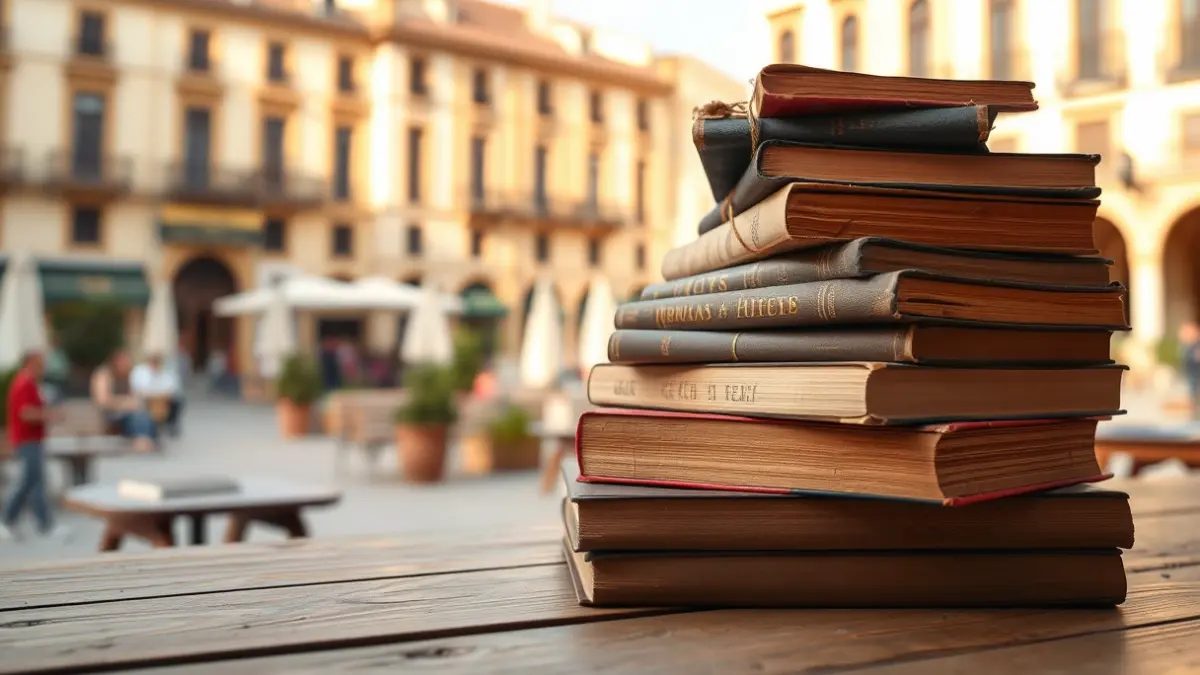 Imagen genérica de libros antiguos sobre una mesa de madera, con un fondo desenfocado de una plaza de pueblo valenciano.