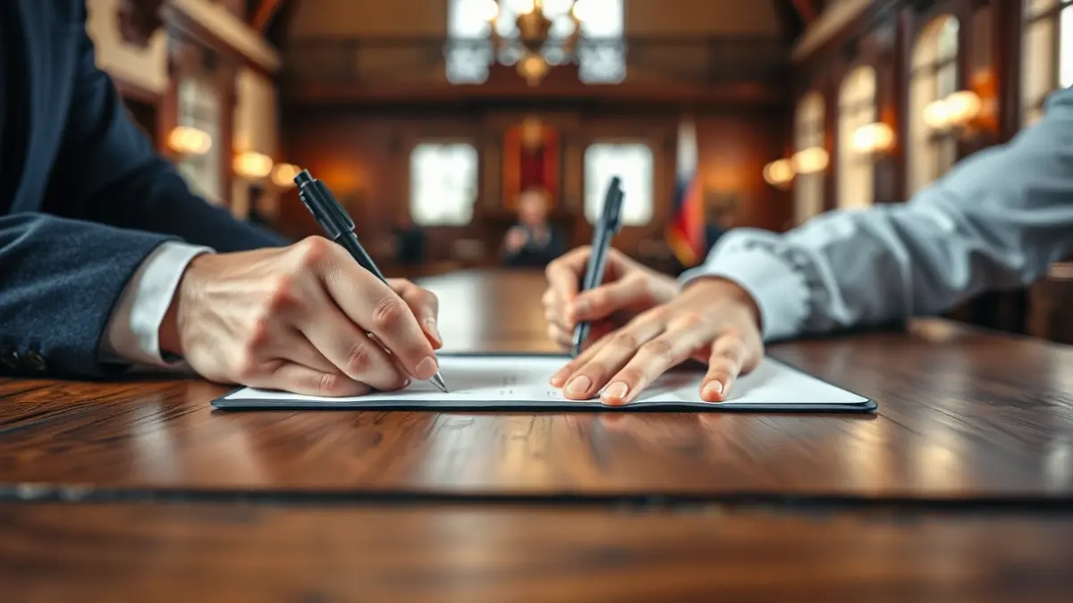 Generic image of hands signing a document on a wooden table, with a blurred background of a traditional town hall interior.