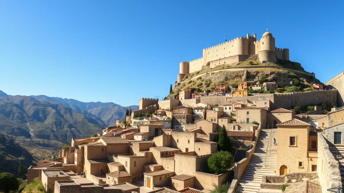 Imatge aèria de la ciutat emmurallada de Morella amb el seu castell, destacant l'arquitectura de pedra seca.