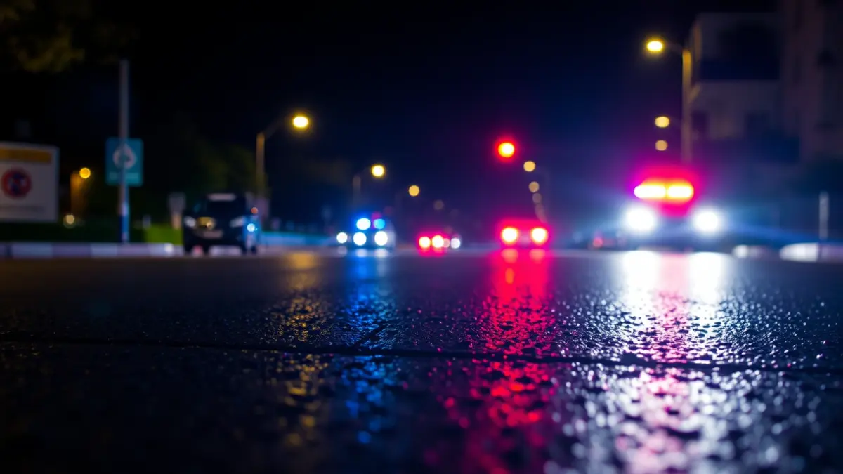 Imatge genèrica de llums d'emergència reflectint-se en l'asfalt mullat de nit.