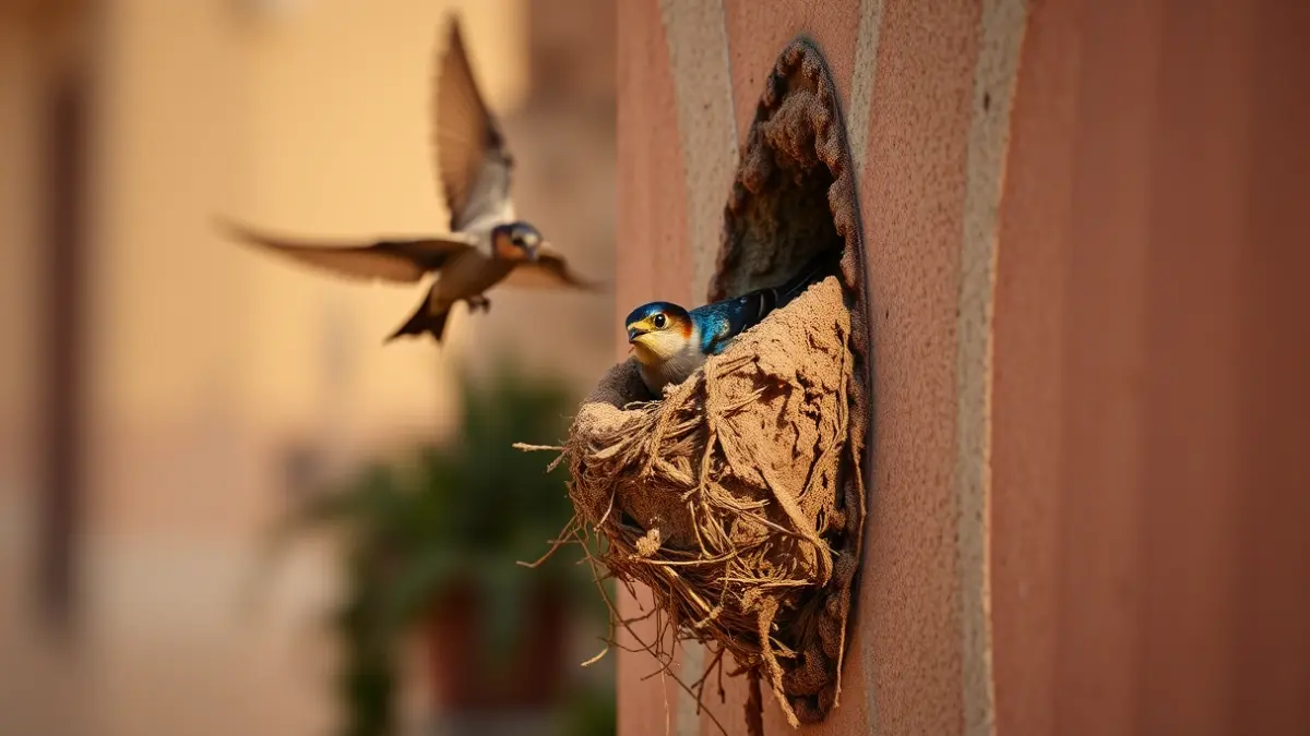 Imatge d'un niu d'oroneta en una façana urbana, amb una oroneta volant prop. En valencià normatiu AVL.