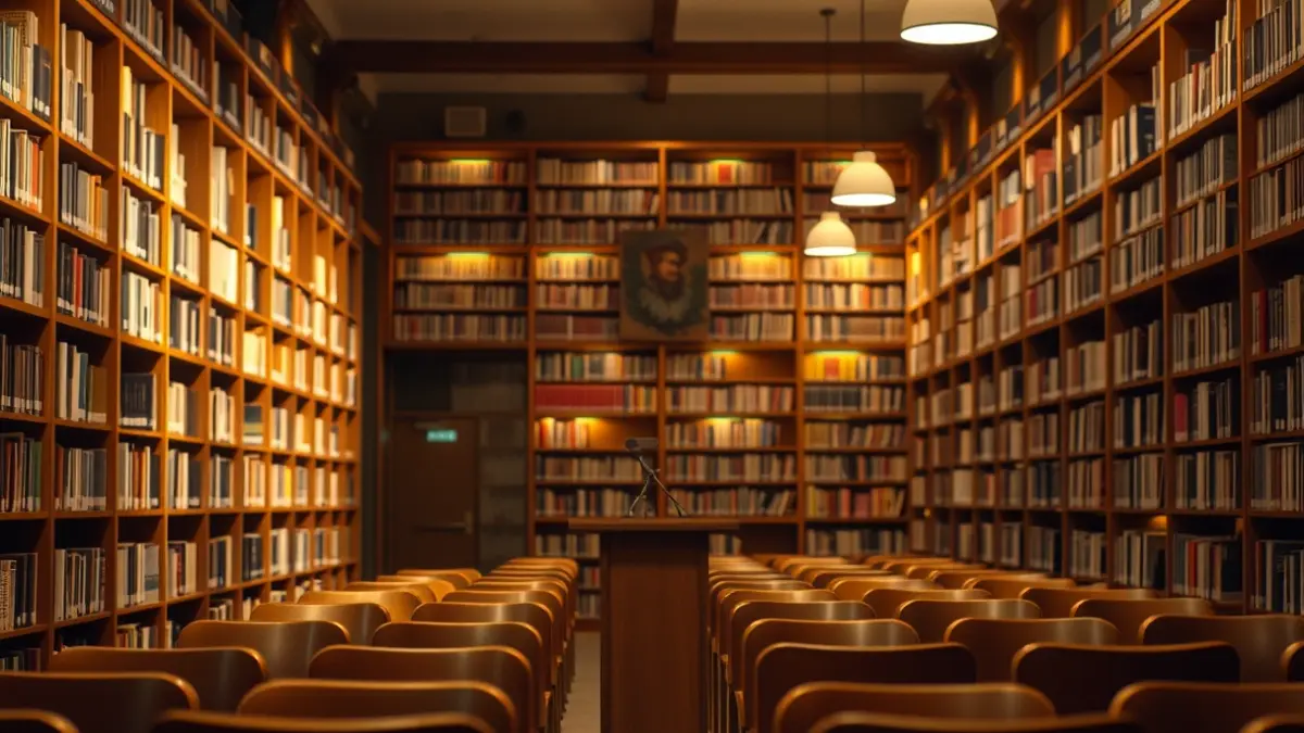 Imatge genèrica d'un interior de biblioteca amb prestatgeries de fusta i un podi amb micròfon.