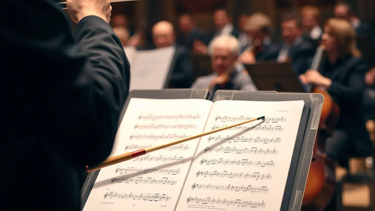 Generic image of a conductor's baton on a music stand with sheet music, with blurred musical instruments in the background.