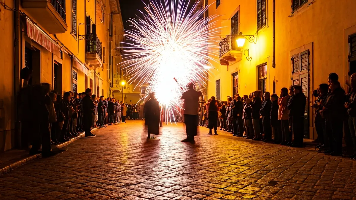 Image of a Nit de Canyes in a narrow street of Museros, with fireworks exploding and people participating.