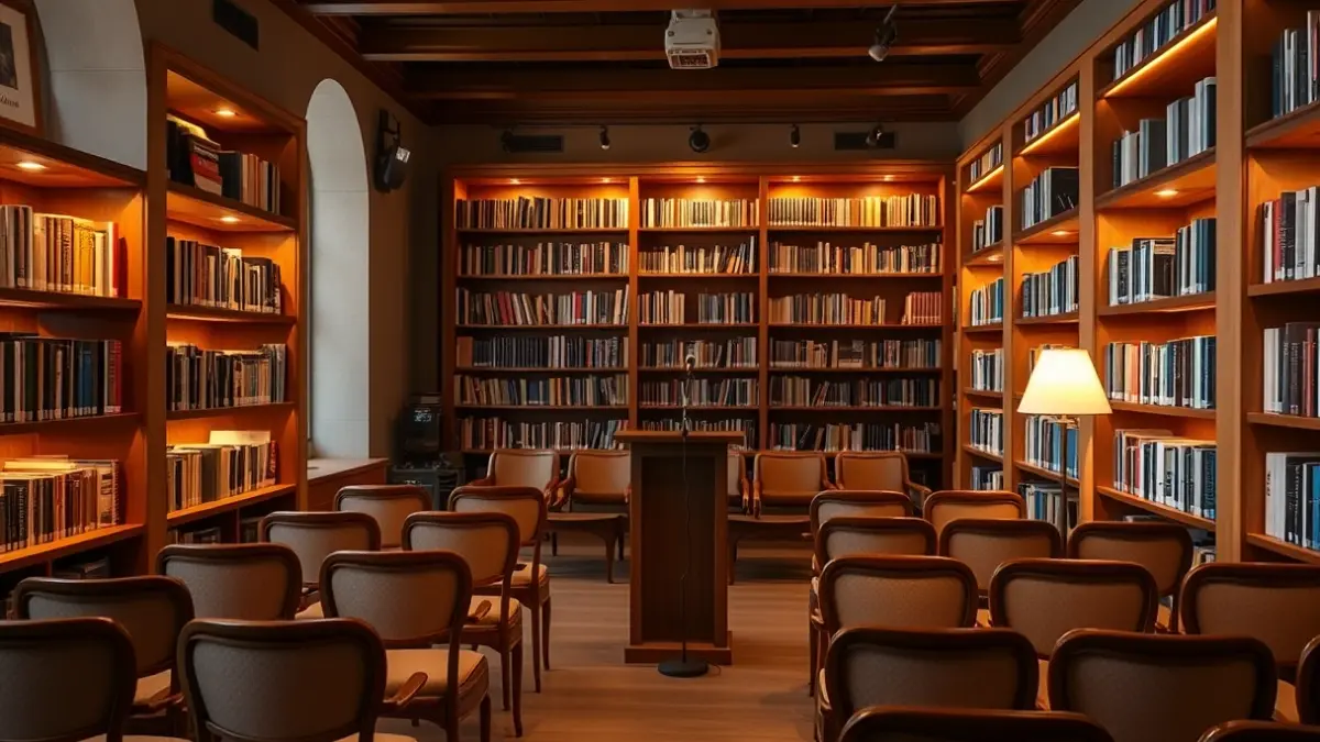 Generic image of a library interior with wooden bookshelves and a warm reading atmosphere.