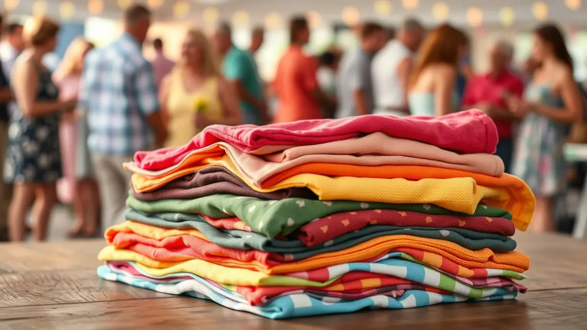 Generic image of second-hand summer clothes on a table, with people exchanging them in the background.