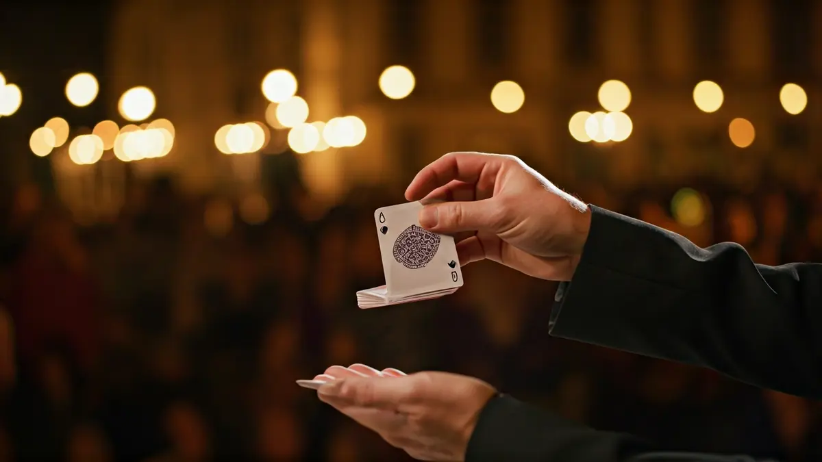 Generic image of a magician's hands performing a card trick on a stage.