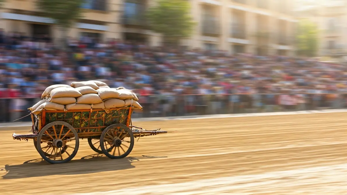 Imatge d'un carro de tir i arrossegament carregat amb sacs d'arena en una pista de terra, amb gent borrosa al fons.